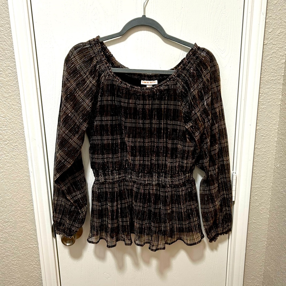 Knox Rose Brown Plaid shiny sheer peplum top size small